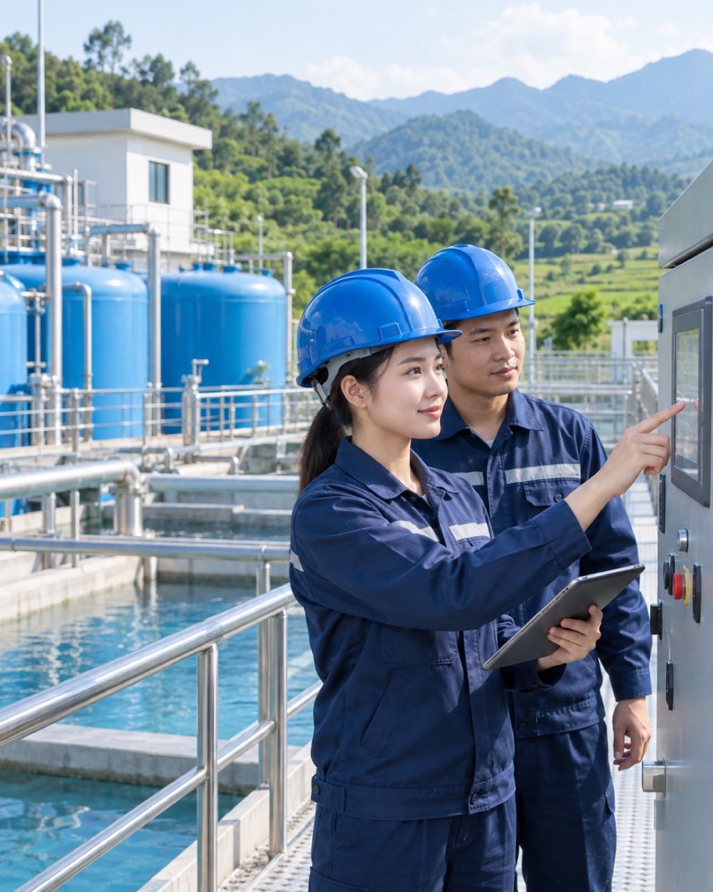 Nhân viên kỹ thuật kiểm tra hệ thống điều khiển tại cơ sở xử lý nước.
