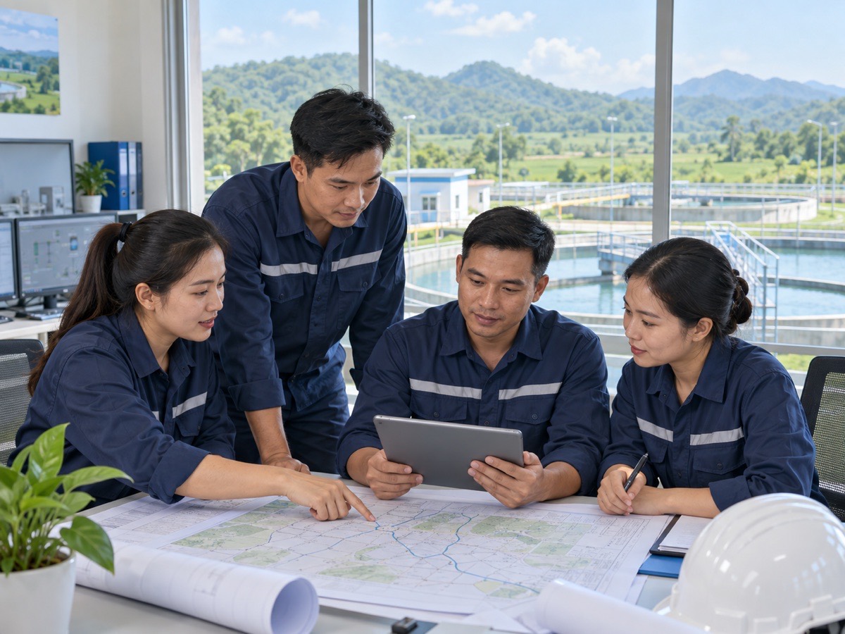 Đội ngũ nhân viên phối hợp rà soát phương án vận hành mạng lưới cấp nước.
